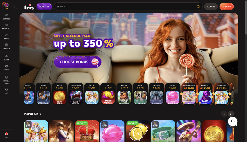 Startseite von Iris Casino im Süßigkeiten-Design